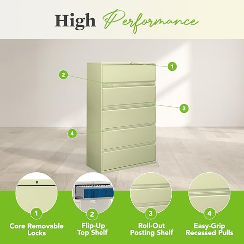 Image of HON 5 Drawer Lateral File Cabinet with Lock, Metal Filing Cabinets for Offices, Adjustable Hangrails for A4, Legal, Letter Files, 21.31 inch Deep, Putty
