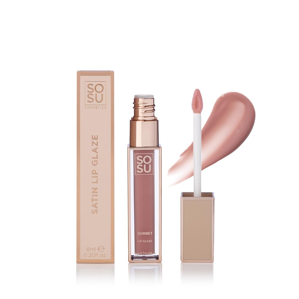 SOSU Cosmetics Satin Lip Glaze Sorbet - Long-lasting, Moisturising Lip Gloss in Delicate Sorbet Rose with Satin Finish, with Vitamin E and Hyaluronic Acid for Nourished, Smooth Lips