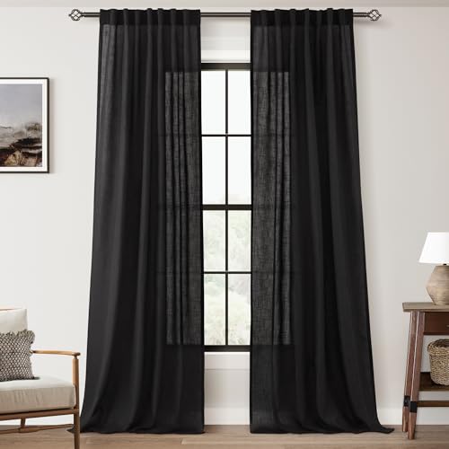 Jolilight Black Linen Curtains 84 inches Long for Bedroom Back Tab Light Filtering Privacy Semi Sheer Black Curtains Living Room Boho Rustic Farmhouse Cotton Textured Gauze Curtain 2 Panel Set