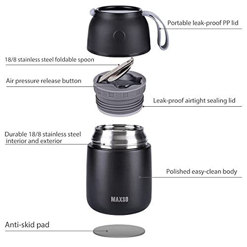 Image of MAXSO Soup Thermo for Hot & Cold Food for Adults Kids, 17 oz Vacuum Insulated Steel Lunch Container Bento Box with Spoon, Leakproof Thermal Food Jar for School Office Travel - Black
