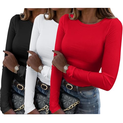 Zeagoo Long Sleeve Shirts Womens 3 Pack Basic Tops Ribbed Slim Fit Crewneck Blouse Fashion Going Out Outfits