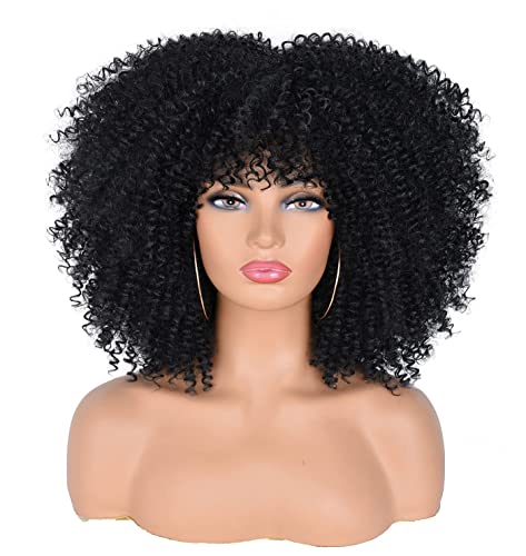 Curly Afro Wigs for Black Women Short Kinky Curly Wig with Bangs 14inch Synthetic Heat Resistant Black Full Wigs (Black)…