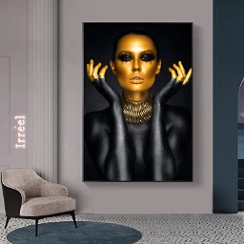 Cuadro de lienzo de mujer negro y oro 50x70 cm póster de cara dorada sin marco 4