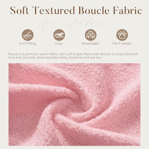 Image of Boucle Accent Chair with Cloud Backrest for Small Space, Pink | Small Reading Chair with Soft Textured Boucle Fabric, Modern Style, Comfy Cloud Backrest for Living Room, Bedroom, Cafe