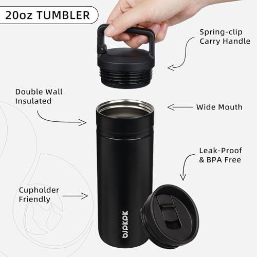 Image of BJPKPK 20 oz Insulated Travel Water Bottle, Coffee Tumbler Stainless Steel | Double Wall Vacuum, Leakproof, Thermal, Keeps Hot /Cold, BPA Free, Dishwasher Safe, Spill Proof, Wide Mouth, 2 Lids, Black