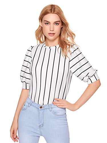 SheIn Women's Puff Sleeve Casual Solid Top Pullover Keyhole Back Blouse White Stripe Medium