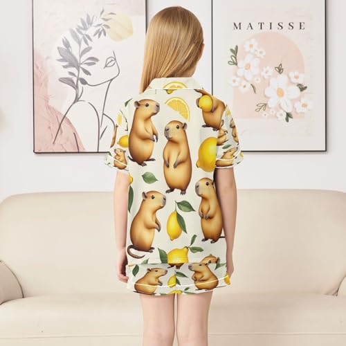 Satin Pajama Sets Short Sleeve Capybara Lemon Button Down Silky Nightwear 2 Piece PJS 5-14Y4