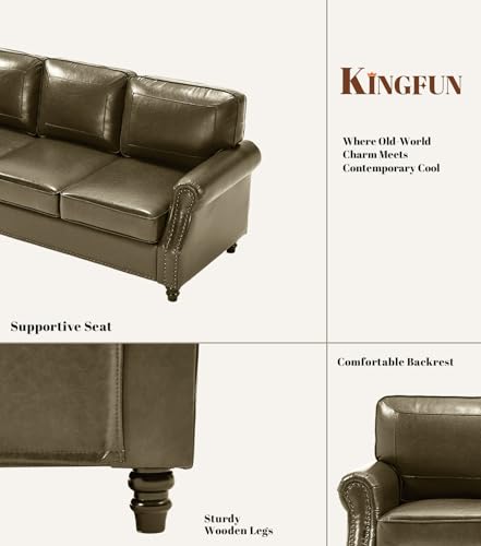 Image of Kingfun 3 Seater Sofa, Mid-Century Modern Faux Leather Couch Set for Living Room, Darkcoffee with Rolled Arms & Nailhead Trim, Easy Assembly, Olive Green