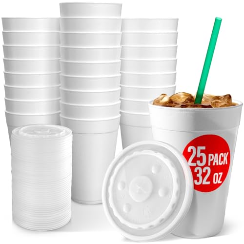 32 Oz Styrofoam Cups with Lids (25 Pack) Large Foam Cups for Hot and Cold Drinks Insulated White Styrofoam Coffee Cups Soda Juice Tea - Made in USA