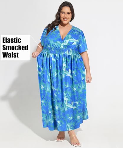 Image of CARCOS Plus Size Dresses for Curvy Women V Neck Summer Maxi Dress Short Sleeve Floral Boho Dress Smocked Waist Beach Dress