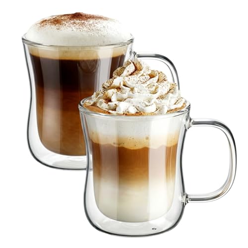 ecooe 350ml*2 Tasse Verre Double Paroi Ensemble,Tasses à Latte Macchiato en Verre Transparent,Verre à Café/Thé avec Poignée