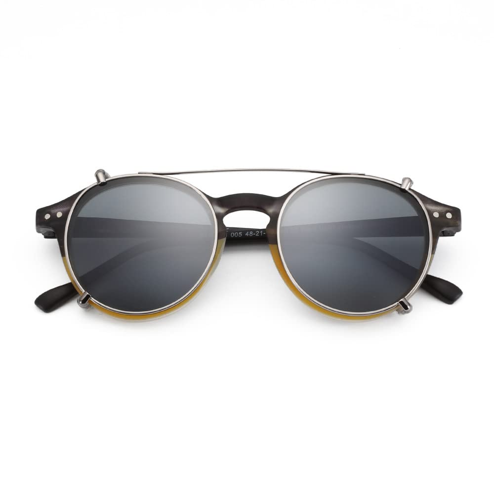 Rétro Double Lentille Flip Up Clip sur Lunettes de Soleil Style Steampunk Hommes Femmes Cercle Anti Lumière Bleue Lunettes Polarisant Clips, CRY BRN, SIL CLIP, Comme Image