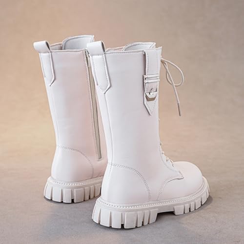 Girls Lace Up Chunky Heel Combat Boots With Side Zipper Comfort Round Toe Lug Sole Non Slip Fashion Riding Boots School Everyday Knee-High Boots3