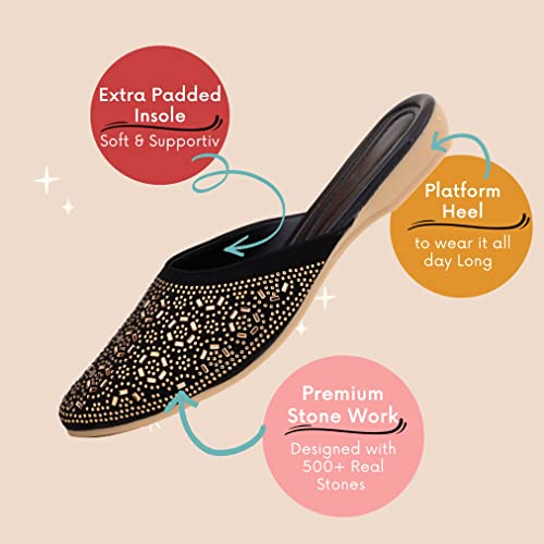 Image of Bellies for Women |Slip on Juttis Soft Padded |Stonework Mules for Ladies| Sparkling Upper |Back Open Casual Flats| Stylish Footwear Sandals for Ladies|Punjabi Mojari Half Shoes