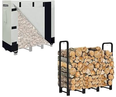 Artibear 4ft Firewood Rack with Waterproof Wood Pile Cover for Outside, Log Rack with Cover for Firewood, Matte Black Wood Holder with Khaki Cover