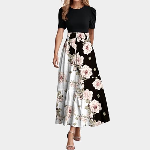 Damen Sommerkleid Elegant Kleider Kurzarm Rundhals Midikleid A-Linie Blumenkleid Casual Tunika Kleid Hohe Taille Strandkleid mit Taschen S-XXL – Bild 3
