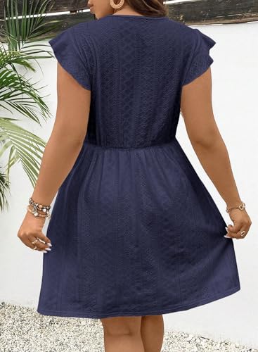 Image of Eytino Plus Size Dresses for Women Summer Ruffle Cap Sleeve Lace V Neck Embroidery Eyelet A Line Dress(1X-5X)