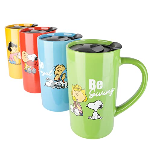 Peanuts Snoopy Gentle Reminders 18oz Stoneware Travel Cups with Lid, 4-Pack, Assorted Colors, Reusable Coffee Mug Set by Peanuts - Image 2