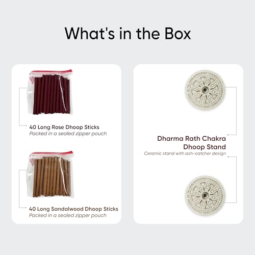 Image of Dhoop Sticks Pack of 2 (Sandalwood and Rose) I 80 Long Sticks I No Bamboo I No Charcoal I Puja Dhoop Sticks with Dharma Rath Chakra Dhoop Stand