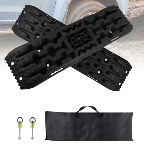 EXLECO 2 Stück Sandbleche Offroad Zubehör Anfahrhilfe Auffahrkeile für Wohnmobil Rangierhilfe PKW bis 10T Traktionsmatte Auto für LKW Geländewagen Anfahrhilfe Schnee mit Aufbewahrungstasche Schwarz