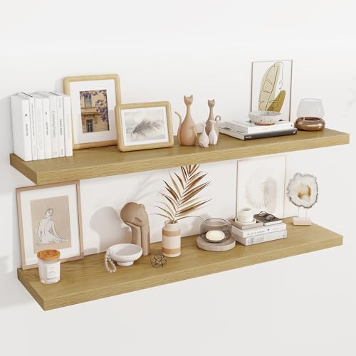 Image of Fun Memories 12 Deep Floating Shelves for Wall, 55W x 12D Extra Large Floating Shelves Set of 2, Hanging Wood Wall Shelves for Living Room, Kitchen, Bedroom, Farmhouse, Laundry Room, Office - Oak