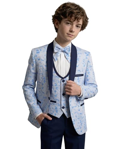 Costume de smoking bleu garçon ensemble 5 pièces ajusté sans retouche