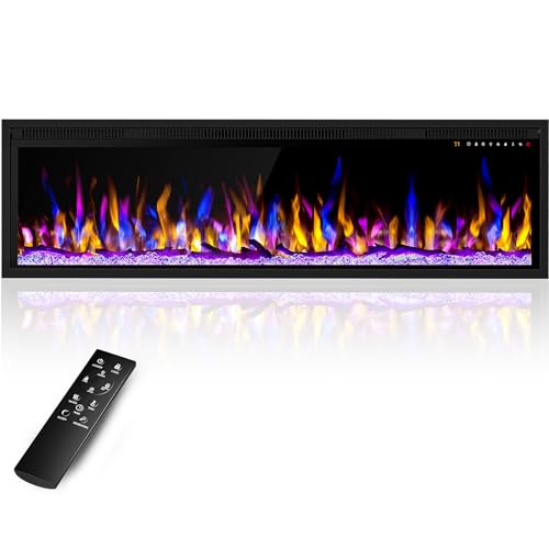 60 Inch Electric Fireplace Heater, Recessed in-Wall and Wall-Mounted Linear Heater Fireplace,13 Adjustable Flame Color and 5 Brightness,Touch Screen & Remote Control,1500/750W, Black
