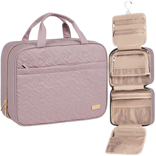 Image of NISHEL Travel Toiletry Bag for women, Portable Hanging Organizer for Full-Sized Shampoo, Conditioner, Brushes Set, Makeup Accessories, Large Size, Peach Pink