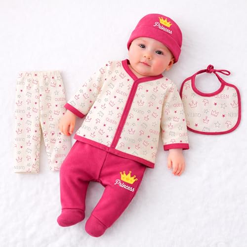 Image of Kidbee Baby Clothing Gift Set for Boys & Girls, 5 Piece Newborn Clothing Combo with Front Open Top, Pajama, Printed Pant, Cap & Bib, Soft Cotton, 0-6 Months Baby