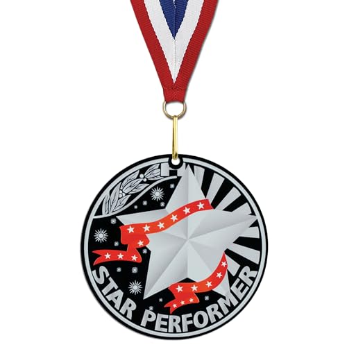 Hodges Badge Company Award Medals - 10 Pack Medals of Either Gold, Silver or Bronze Star Performer - Gold Silver Bronze Acrylic Award Medals with Black Finish - Made in USA (Silver Star Performer)