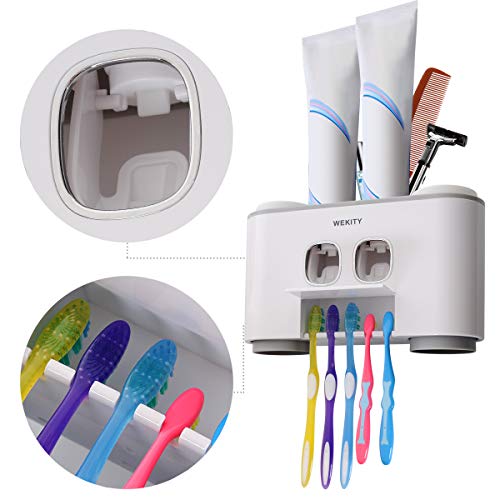 Toothbrush Holder Wall Mounted, WEKITY Multi-Functional Toothbrush and Toothpaste Dispenser for Bathroom, with 5 Toothbrush Slots, 2 Toothpaste Squeezers and 4 Cups(Grey)