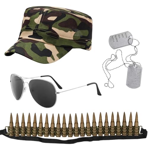 MUNSKT Armée Fancy Robe Accessoires Set, Camo Chapeau Bullet Ceinture Aviateur Lunettes de soleil Dog Tag Collier, Hommes Halloween Costume Soldat tenue