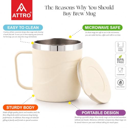Image of ATTRO Brew Mug - Stainless Steel Inner with eco Friendly Outer Body Durable Stylish, Microwave Safe Coffee,Tea Mug with Handle & Lid, Ideal for Home, Office, Travel & Gifting-300ml-Ivory