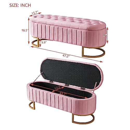 Polibi Elegant Upholstered Velvet Storage Ottoman with Button-Tufted, Storage Bench with Metal Legs for Bedroom, Living Room, Entryway, Fully Assembled Except Legs, Pink