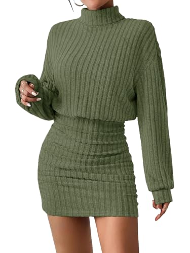 AUXDIO Women's Mock Neck Sweater Dress Fall Long Lantern Sleeve Bodycon 2026 Pullover Mini Short Dresses Army Green XXL