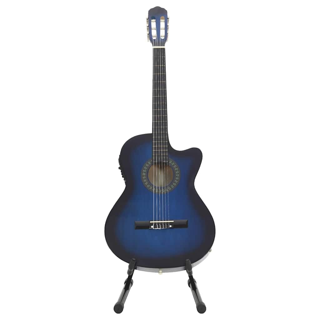 12 tlg Western Gitarren Set blau, Akustikgitarre 4 4 mit 6 Nylon Saiten, 4 Band EQ, Tasche, Ständer, Plektrum, Kapodaster und Stimmgerät für Lernen, Bühne, Studio und Reise