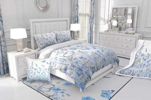 Linge de lit fleurs bleues de style botanique avec zip discret