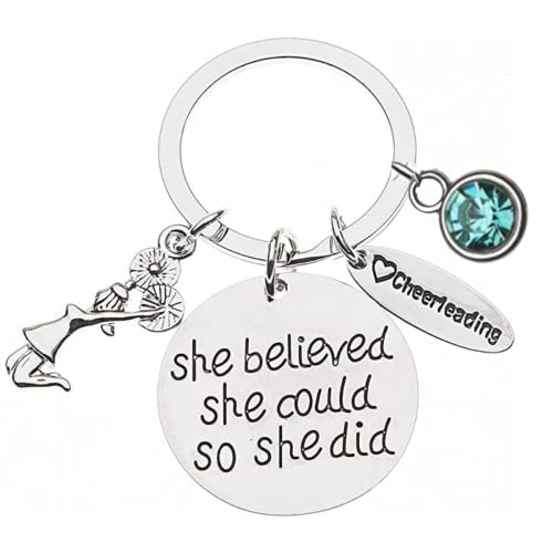Infinity Collection - Personalized Cheer Keychain with Birthstone Charm - Custom 'She Believed She Could' Cheerleading Gift for Teams, and Coaches