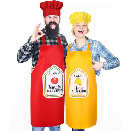 Shyyween 4 Pcs Ketchup and Mustard Costume Set Tomato Chef Hat and Apron for Halloween Couples Costume Mens and Womens for Adults