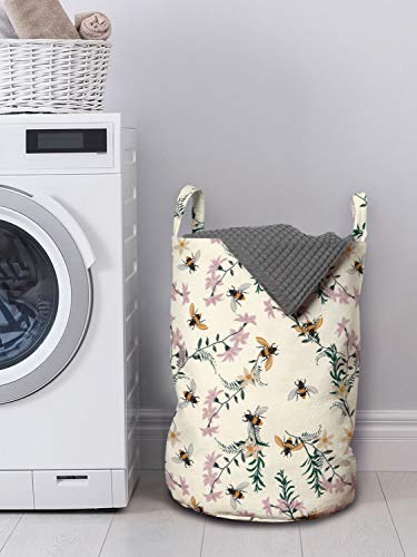 Ambesonne Floral Laundry Bag, Vintage Craftwork Look Honey Bee Flowers Petals Print, Hamper Basket With Handles Drawstring Closure For Laundromats, 13" X 19", Ivory Lilac #TOP1
