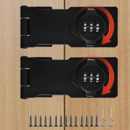 Image of 2 Pcs Combination Rotary hasp Lock, 4 in Metal Padlock Hook, with 3-Digit Combination Cabinet Lock, Suitable for cabinets, Drawers,Closets and Other Door Security Combination Locks(Black)