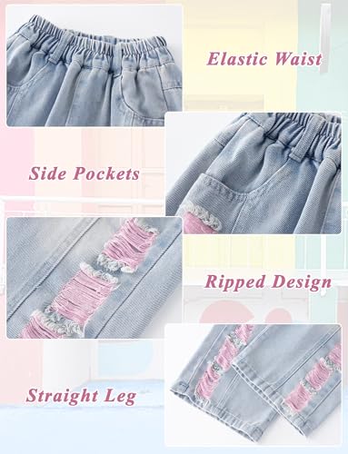 SEAUR Girl's Hip-Hop Ripped Jeans Casual Retro Elastic High Waist Denim Pants Wide Leg Jeans with Pockets 5-14 Years3