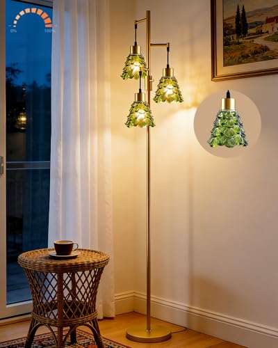 Image of 3-Light Modern Glass Floor Lamp, Gold Standing Tall Lamp with Cylinder Green Glass Shade for Reading, Dimmable LED Floor Lamp with 5Lbs Heavy Base for Living Room Bedroom Home Decor, Bulb Included