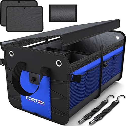 FORTEM Car Trunk Organizer, SUV Trunk Organizer, Car Storage Organizer, Collapsible Multi Compartment Car Organizer, Non Slip Bottom, Adjustable Securing Straps, Foldable Cover (2 Compartments, Blue)
