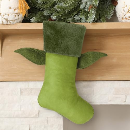 Hollowfly 18 Inches Green Sci-fi Theme Christmas Stocking Large Capacity with Three-Dimensional Plush Ears Galaxy Adventure Holiday Decoration Christmas Ornaments Gift Holder for Stocking Stuffers