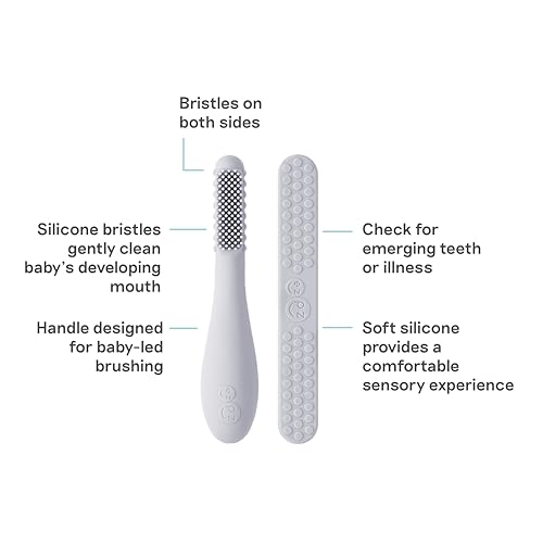 Image of ezpz Baby-Led Toothbrush + Tongue Depressor Dual Pack (Pewter) - 100% Silicone Toothbrush + Silicone /Stainless Steel Tongue Depressor - Helps Set-up Infants for a Healthy Oral Care Routine