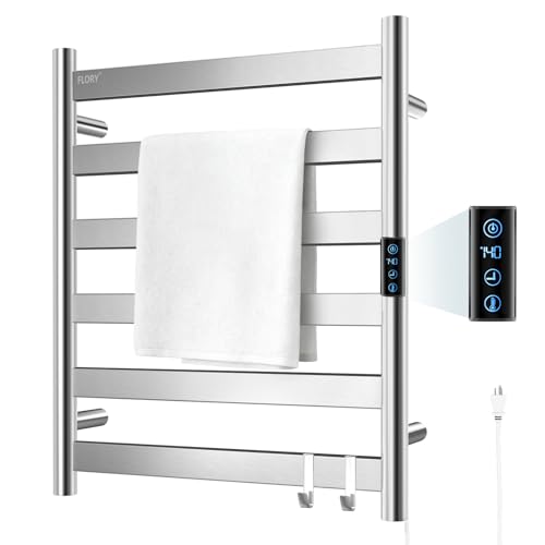 R FLORY Heated Towel Rack for Bathroom 6 Bar Wall Mounted Towel Warmer Rack Flat with Timer & Temperature Electric Towel Heater with LED Display Screen Plug-in Brushed Nickel