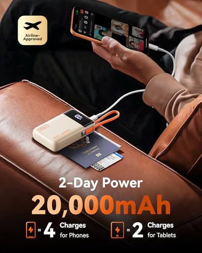 Image of INIU 20000mAh Power Bank, Small 45W PD Fast Charging Portable Charger with Built-in USB C Cable, Flight-Safe Travel External Phone Battery Pack for Women, Girls, Daily Commute, Gift, Beige