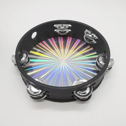 Tambourine Radiant Hand Held Drum with Double Row Jingles Bell Musical Instrument for Dance Adults KTV Party (8 inch)