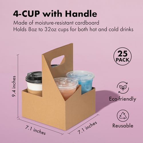 FMP Brands 4 Cup Disposable Drink Carrier with Handle, 25 Pack Kraft Paperboard Handled Drink Carriers 12-30 oz to Go Coffee Cup Holder, Cup Carrier for Cold Hot Drinks, Takeout, Cafe and Restaurant